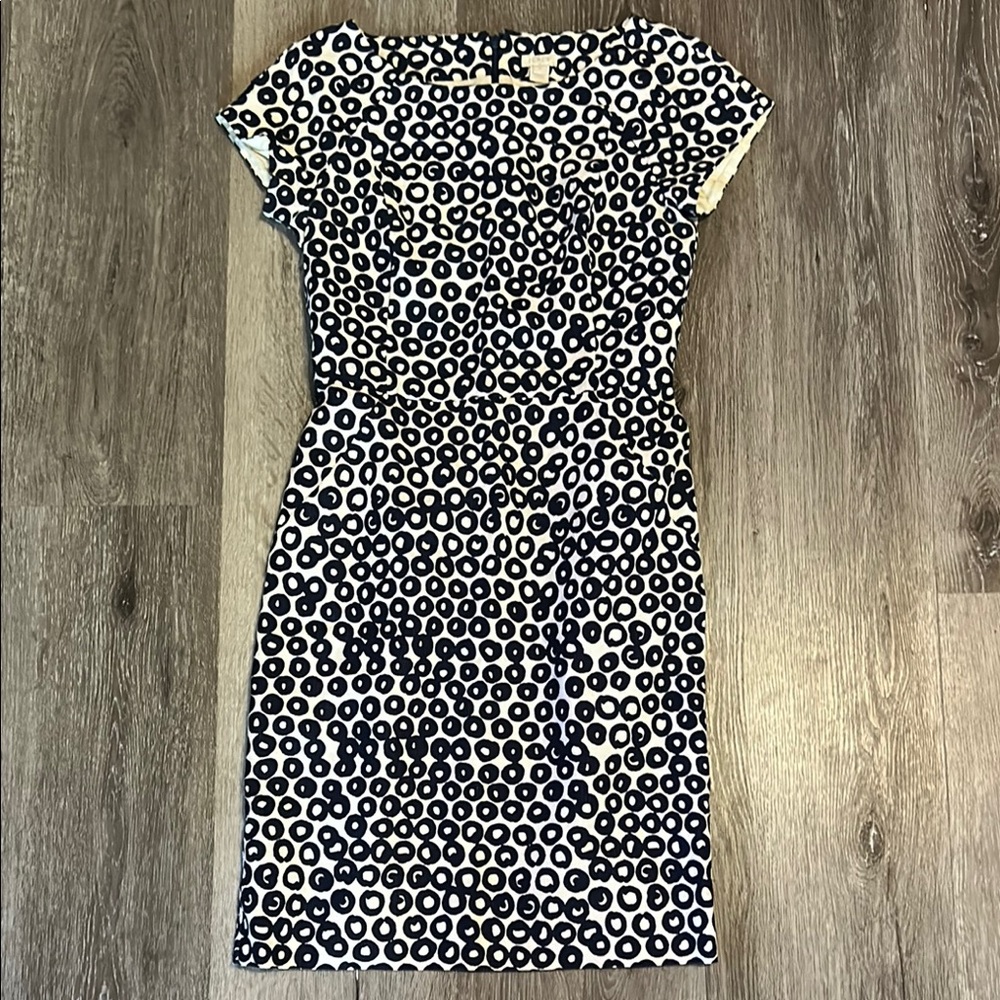 J. CREW Elegant Basket Weave Navy and White Circle Dot Dress